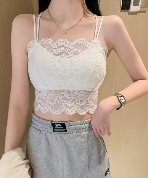 DAY CLOSET（デイ クローゼット）の「【取り外せる一体型パッド/メッシュ素材】スカラップ×レースレイヤード ダブルストラップ バッククロス キャミソール レディース（キャミソール・レディース・ブラック/ホワイト・M/XL/L）」の9枚目の写真