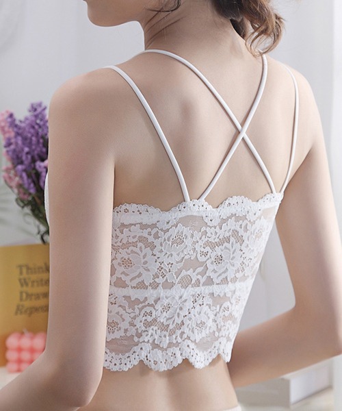 DAY CLOSET（デイ クローゼット）の「【取り外せる一体型パッド/メッシュ素材】スカラップ×レースレイヤード ダブルストラップ バッククロス キャミソール レディース（キャミソール・レディース・ブラック/ホワイト・M/XL/L）」の12枚目の写真