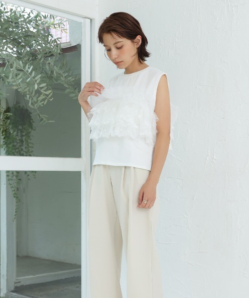 Nulli（ヌリ）の「3Wayレースフリルノースリーブトップス（Tシャツ/カットソー・レディース・ブラック/オフホワイト・FREE）」の4枚目の写真