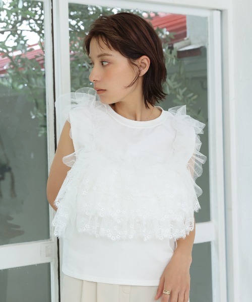 Nulli（ヌリ）の「3Wayレースフリルノースリーブトップス（Tシャツ/カットソー・レディース・ブラック/オフホワイト・FREE）」の10枚目の写真