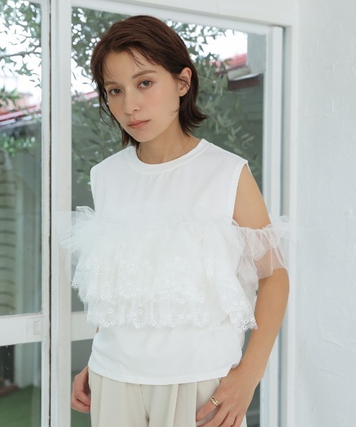 Nulli（ヌリ）の「3Wayレースフリルノースリーブトップス（Tシャツ/カットソー・レディース・ブラック/オフホワイト・FREE）」の12枚目の写真