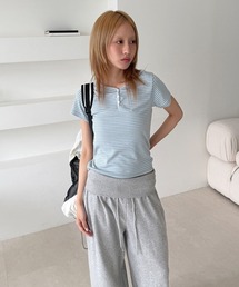 ボーダー ヘンリーネック 配色 半袖 Tシャツ