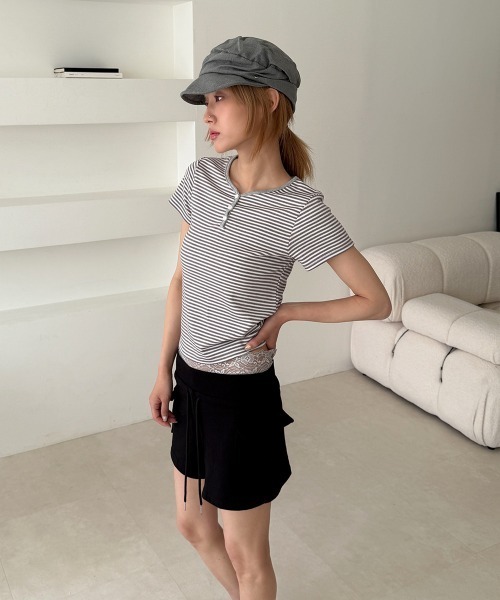 4INT.(フォイント)の「ボーダー ヘンリーネック 配色 半袖 Tシャツ(Tシャツ/カットソー・レディース・ライトブルー/グレー/ミント・FREE)」の17枚目の写真