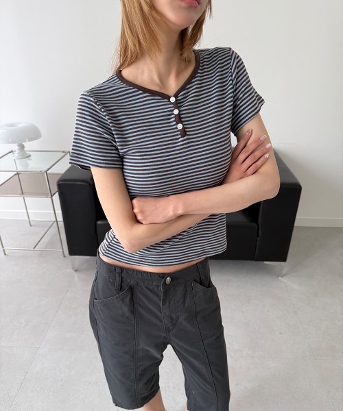 4INT.(フォイント)の「ボーダー ヘンリーネック 配色 半袖 Tシャツ(Tシャツ/カットソー・レディース・ライトブルー/グレー/ミント・FREE)」の9枚目の写真