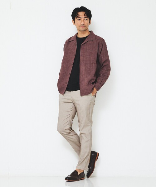 ABAHOUSE GRAY(アバハウスグレイ)の「【リネンライク】吸水速乾 オープンカラー 長袖シャツ(シャツ/ブラウス・メンズ・ホワイト/ブラック/オレンジ系その他/ライトベージュ・46/48/50)」の5枚目の写真