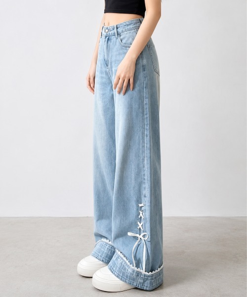 center i（センターアイ）の「【美脚見え】裾チェックレースアップリボンワイドデニムパンツ（デニムパンツ・レディース・ブルー・MEDIUM/SMALL）」の3枚目の写真