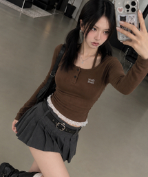 レース配色ホルターネックTシャツ[ブラウン]