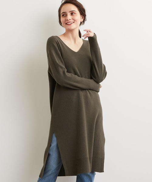 green label relaxing（グリーンレーベルリラクシング）の「NFC W/RY/N ソウバリ Vネック ニットワンピース ◆（ワンピース・レディース・オリーブ/ナチュラル/ネイビー/パープル/グレー・FREE）」の3枚目の写真