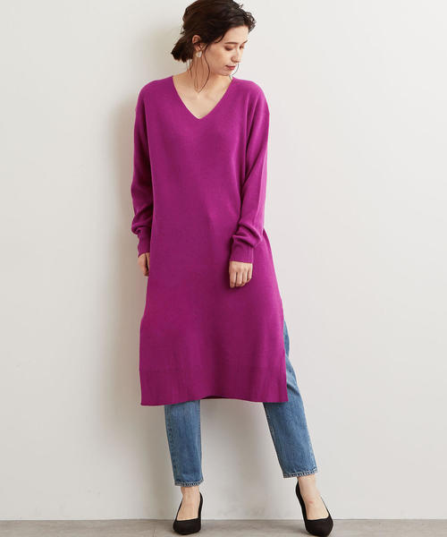 green label relaxing（グリーンレーベルリラクシング）の「NFC W/RY/N ソウバリ Vネック ニットワンピース ◆（ワンピース・レディース・オリーブ/ナチュラル/ネイビー/パープル/グレー・FREE）」の5枚目の写真