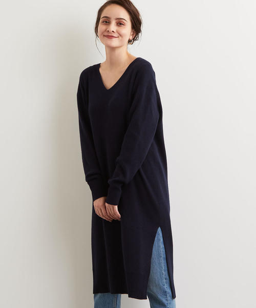 green label relaxing（グリーンレーベルリラクシング）の「NFC W/RY/N ソウバリ Vネック ニットワンピース ◆（ワンピース・レディース・オリーブ/ナチュラル/ネイビー/パープル/グレー・FREE）」の4枚目の写真