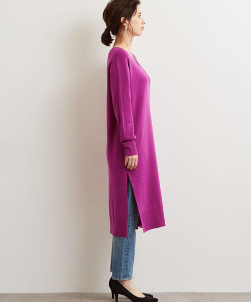 green label relaxing（グリーンレーベルリラクシング）の「NFC W/RY/N ソウバリ Vネック ニットワンピース ◆（ワンピース・レディース・オリーブ/ナチュラル/ネイビー/パープル/グレー・FREE）」の9枚目の写真