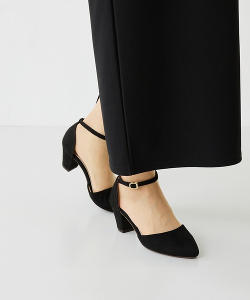 ストラップ　パンプス　5センチヒール　黒 セール】アンクルストラップ ポインテッドトゥ チャンキーヒール