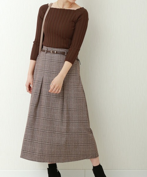 n'ee-ne（ネーネ）の「グレンチェックナロースカート ベルト付き（スカート・レディース・ブラウン/ブラック・FREE）」の2枚目の写真