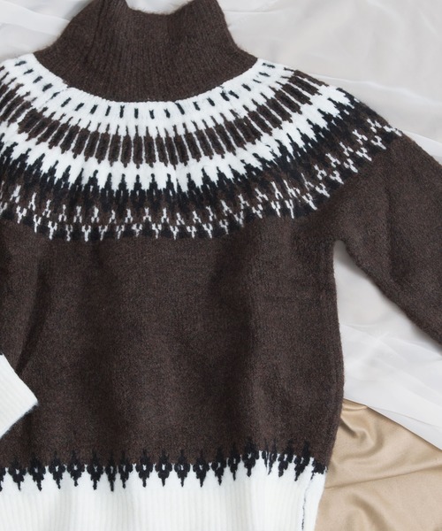 Aunt Marie's（アントマリーズ）の「AUNT MARIE'S タートルノルディック編みニット（ニット/セーター・レディース・ベージュ/ダークブラウン・FREE）」の4枚目の写真