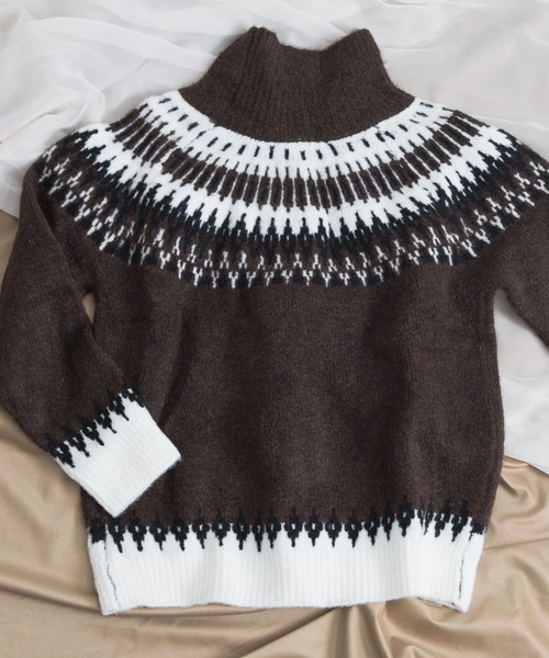 Aunt Marie's（アントマリーズ）の「AUNT MARIE'S タートルノルディック編みニット（ニット/セーター・レディース・ベージュ/ダークブラウン・FREE）」の3枚目の写真
