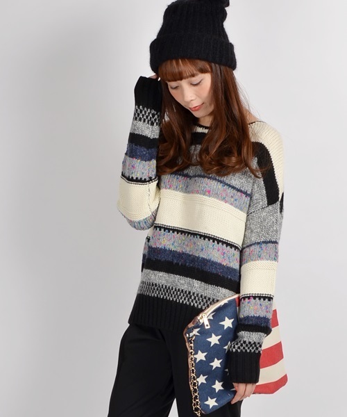 Khaju(カージュ)の「Khaju:カラフルボーダープルオーバー□(ニット/セーター・レディース・グレー/ブルー・ONE SIZE)」の6枚目の写真