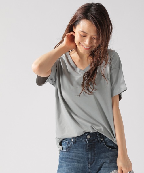 BAYFLOW（ベイフロー）の「シルケットVネックTシャツ（Tシャツ/カットソー・レディース・ホワイト/ライトブルー/ブラック/ベージュ/オレンジ/レッド/ブルー・SMALL/MEDIUM）」の5枚目の写真