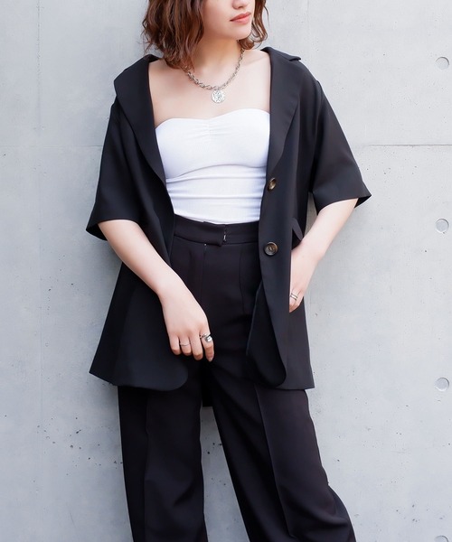 SPIRALGIRL（スパイラルガール）の「ロングテーラー半袖ジャケット（テーラードジャケット・レディース・ブラック/グリーン/パープル・FREE）」の2枚目の写真