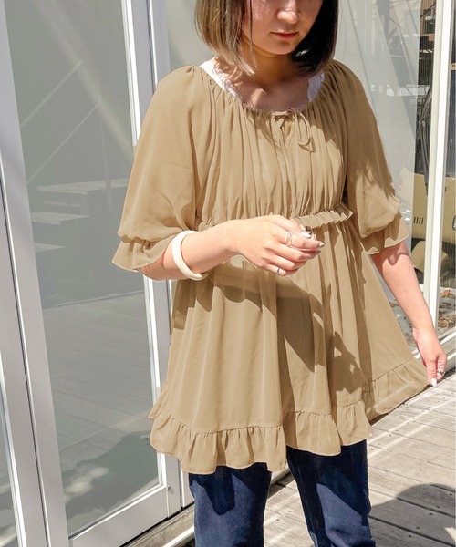 apres jour clair(アプレジュールクレア)の「【apres jour clair】シアーフリルチュニック【ZOZOTOWN限定アイテム】(シャツ/ブラウス・レディース・ベージュ/アイボリー/ミント・X-LARGE/フリー)」の1枚目の写真