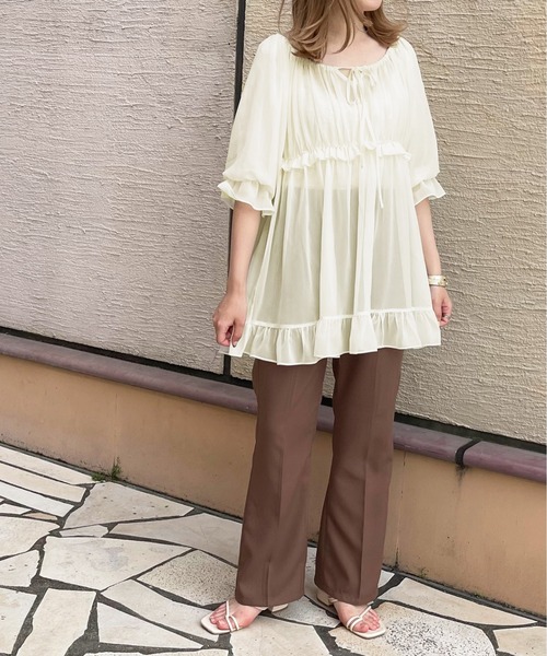 apres jour clair(アプレジュールクレア)の「【apres jour clair】シアーフリルチュニック【ZOZOTOWN限定アイテム】(シャツ/ブラウス・レディース・ベージュ/アイボリー/ミント・X-LARGE/フリー)」の6枚目の写真