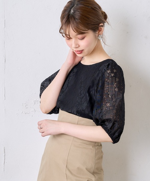 natural couture（ナチュラルクチュール）の「ストライプフラワーレースバルーンスリーブブラウス（シャツ/ブラウス・レディース・ブラック/ベージュ/ブラウン/オフホワイト・FREE）」の5枚目の写真