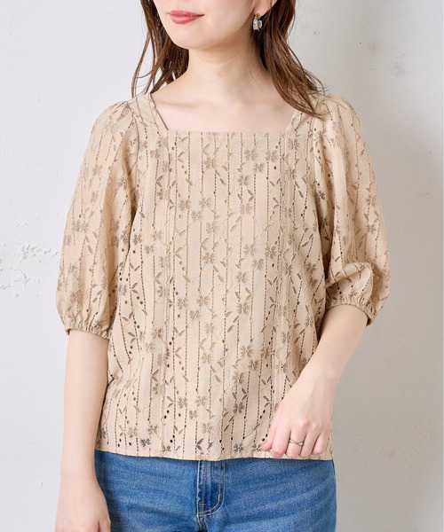 natural couture（ナチュラルクチュール）の「ストライプフラワーレースバルーンスリーブブラウス（シャツ/ブラウス・レディース・ブラック/ベージュ/ブラウン/オフホワイト・FREE）」の16枚目の写真