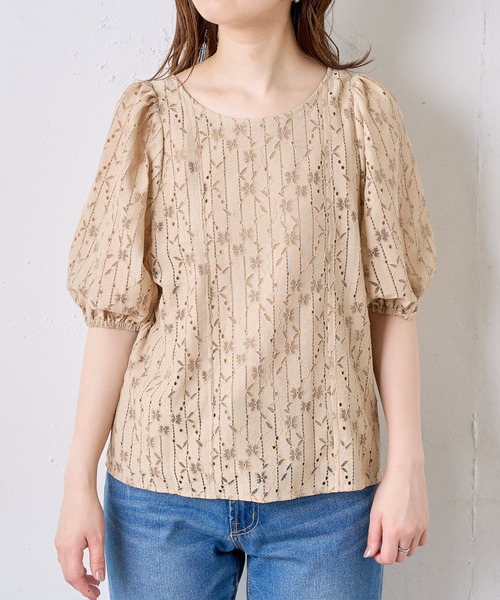 natural couture（ナチュラルクチュール）の「ストライプフラワーレースバルーンスリーブブラウス（シャツ/ブラウス・レディース・ブラック/ベージュ/ブラウン/オフホワイト・FREE）」の13枚目の写真