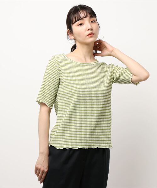 ehka sopo（エヘカソポ）の「楊柳ギンガムチェックTシャツ（Tシャツ/カットソー・レディース・キナリ/グリーン/ブラック・ﾌﾘ-）」の11枚目の写真