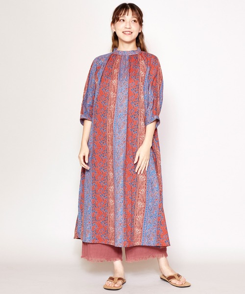 コットンドビーブロックプリントワンピース ワンピース チャイハネ チャイハネ のファッション チャイハネ ワンピース ドレス ワンピース Yul