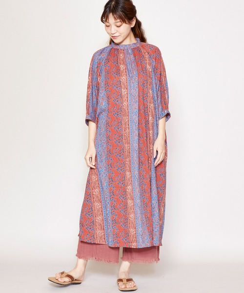 チャイハネ（チャイハネ）の「【チャイハネ】yul コットンドビーブロックプリントワンピース（ワンピース・レディース・ベージュ/レッド/グリーン・FREE）」の12枚目の写真