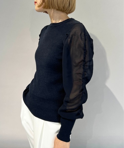 PICCIN（ピッチン）の「シャーリング袖ロングリブニット（ニット/セーター・レディース・ネイビー/ブラック/オフホワイト・M）」の3枚目の写真