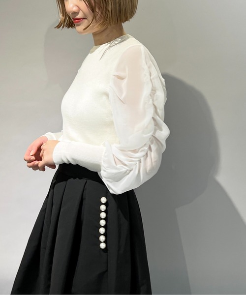 PICCIN（ピッチン）の「シャーリング袖ロングリブニット（ニット/セーター・レディース・ネイビー/ブラック/オフホワイト・M）」の6枚目の写真