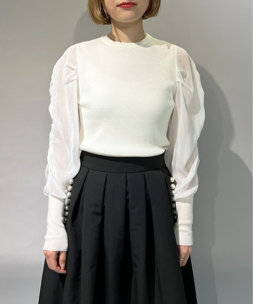 PICCIN（ピッチン）の「シャーリング袖ロングリブニット（ニット/セーター・レディース・ネイビー/ブラック/オフホワイト・M）」の4枚目の写真