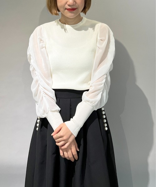 PICCIN（ピッチン）の「シャーリング袖ロングリブニット（ニット/セーター・レディース・ネイビー/ブラック/オフホワイト・M）」の9枚目の写真