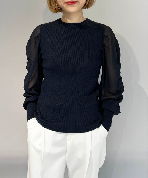 PICCIN（ピッチン）の「シャーリング袖ロングリブニット（ニット/セーター・レディース・ネイビー/ブラック/オフホワイト・M）」の14枚目の写真