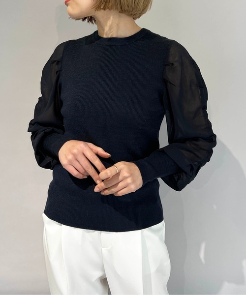 PICCIN（ピッチン）の「シャーリング袖ロングリブニット（ニット/セーター・レディース・ネイビー/ブラック/オフホワイト・M）」の17枚目の写真