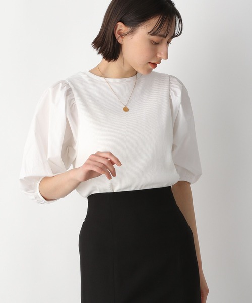 A part by(アパートバイ)の「ドッキングパフプルオーバー_6分袖 276087(Tシャツ/カットソー・レディース・ブラック/オフホワイト/ブラック系その他2・FREE)」の1枚目の写真
