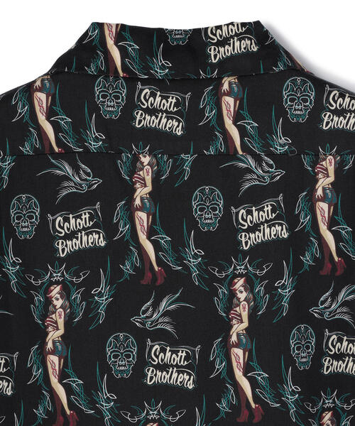 schott（ショット）の「PINUP SWALLOW HAWAIIAN SHIRT/ピンナップ スワロー ハワイアンシャツ（シャツ/ブラウス・メンズ・ブラック/ネイビー・X-LARGE/XX-LARGE/MEDIUM/LARGE）」の5枚目の写真