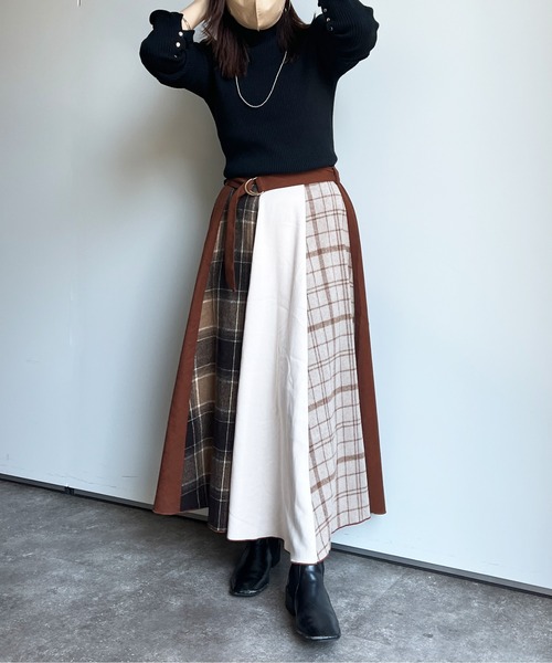 Chez toi（シェトワ）の「起毛チェック柄パッチワークスカート  