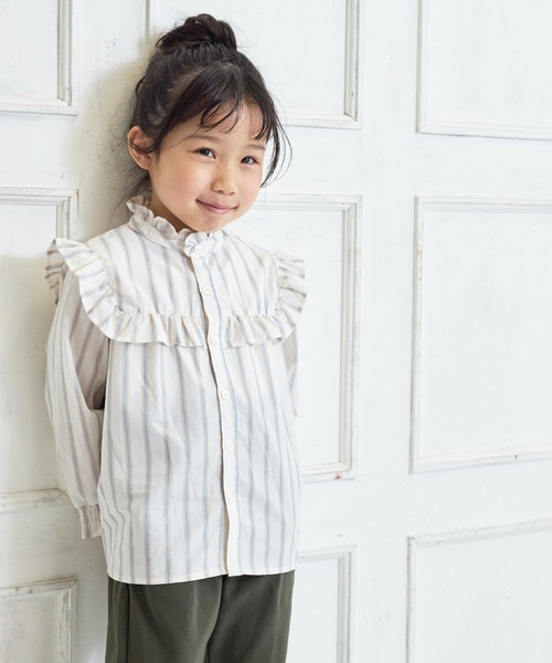 MAKE YOUR DAY(メイクユアデイ)の「フリルブラウス■80~140cm(シャツ/ブラウス・キッズ・ブルー/オフホワイト/イエロー/ストライプ・120/140/100/130/110/80/90)」の4枚目の写真