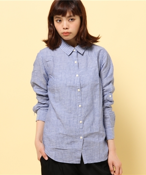 GIORDANO（ジョルダーノ）の「[GIORDANO]ロールアップリネン長袖シャツ（シャツ/ブラウス・レディース・ホワイト/ホワイト×ネイビー/ブルー/インディゴブルー・MEDIUM/LARGE）」の3枚目の写真