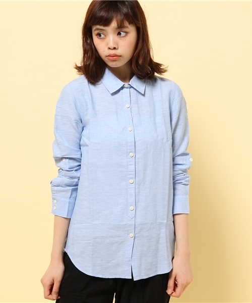 GIORDANO（ジョルダーノ）の「[GIORDANO]ロールアップリネン長袖シャツ（シャツ/ブラウス・レディース・ホワイト/ホワイト×ネイビー/ブルー/インディゴブルー・MEDIUM/LARGE）」の4枚目の写真