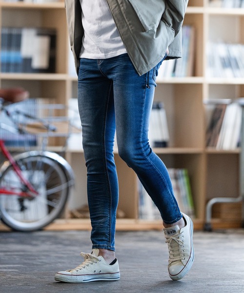 【新品】 M インディゴ スキニーパンツ メンズ アンクル デニムパンツ ストレッチ ダメージ加工 クラッシュ スキニー デニム ジーンズ CAMBIO（カンビオ）の「mp10885-ジョグアンクルスキニーデニムパンツ