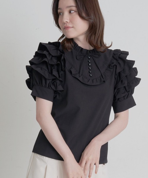 A de a.v.v（アードアー・ヴェ・ヴェ）の「フリルスリーブリボンブラウス（シャツ/ブラウス・レディース・ホワイト/ミント/ブラック・SMALL/MEDIUM/36/38）」の3枚目の写真