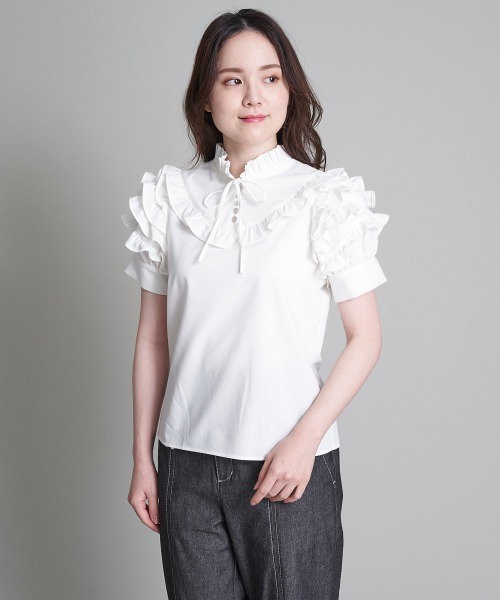 A de a.v.v（アードアー・ヴェ・ヴェ）の「フリルスリーブリボンブラウス（シャツ/ブラウス・レディース・ホワイト/ミント/ブラック・SMALL/MEDIUM/36/38）」の7枚目の写真