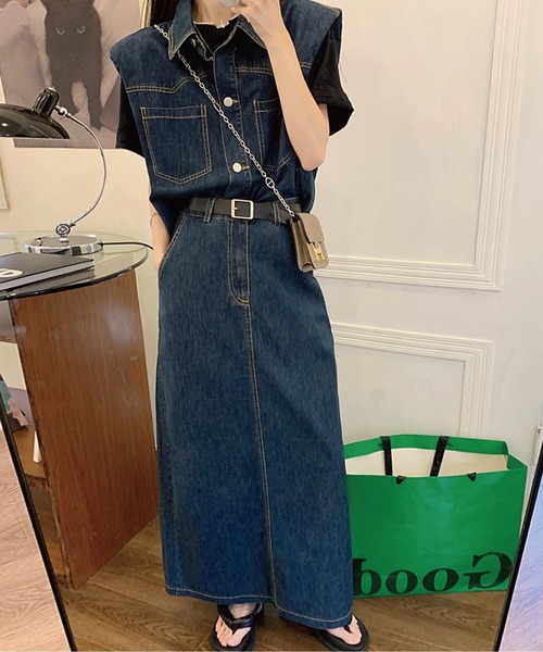 meJane(ミージェーン)の「デニムジレ×ロングスカート セットアップ(セットアップ・レディース・インディゴブルー・M/L)」の5枚目の写真
