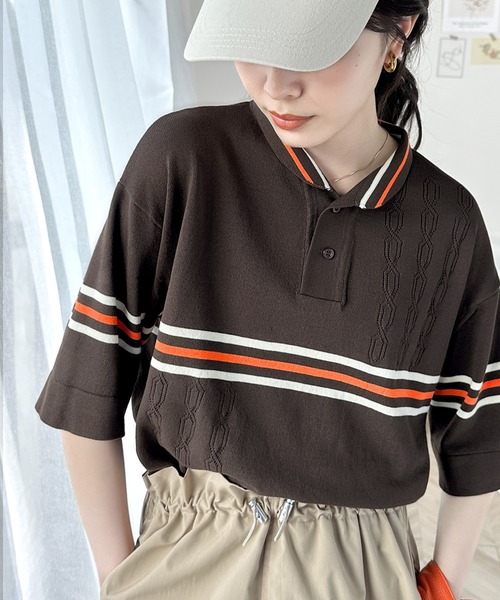 Java（ジャバ）の「《JaVaジャバ 別注》大人のヴィンテージライク。レトロボーダーニットポロシャツ（ポロシャツ・レディース・ベージュ/ブラウン/ライトグレー/ブルー・LARGE/MEDIUM/SMALL/X-LARGE）」の3枚目の写真