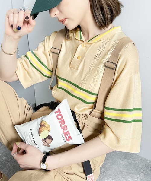 Java（ジャバ）の「《JaVaジャバ 別注》大人のヴィンテージライク。レトロボーダーニットポロシャツ（ポロシャツ・レディース・ベージュ/ブラウン/ライトグレー/ブルー・LARGE/MEDIUM/SMALL/X-LARGE）」の9枚目の写真