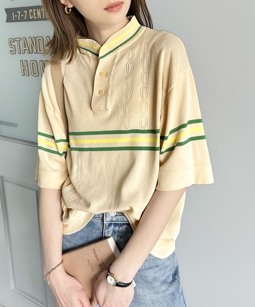 Java（ジャバ）の「《JaVaジャバ 別注》大人のヴィンテージライク。レトロボーダーニットポロシャツ（ポロシャツ・レディース・ベージュ/ブラウン/ライトグレー/ブルー・LARGE/MEDIUM/SMALL/X-LARGE）」の6枚目の写真