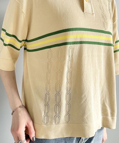 Java（ジャバ）の「《JaVaジャバ 別注》大人のヴィンテージライク。レトロボーダーニットポロシャツ（ポロシャツ・レディース・ベージュ/ブラウン/ライトグレー/ブルー・LARGE/MEDIUM/SMALL/X-LARGE）」の5枚目の写真